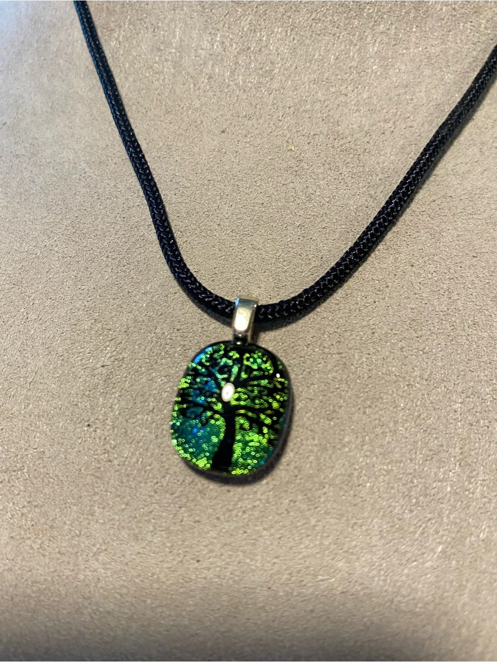 Dichroic Glass Tree of Life Pendant Necklace in Green-Blue